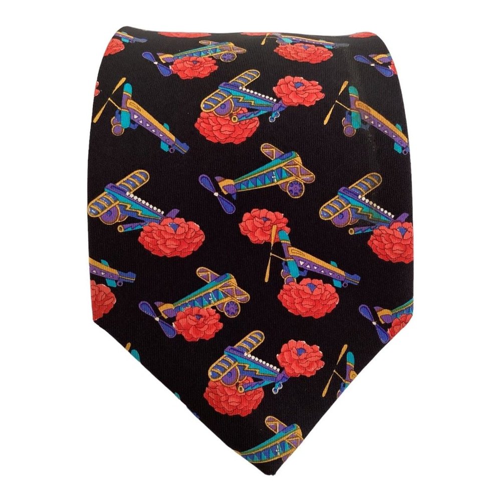 LEONARD PARIS Black Flower & Helicopter Print Silk Tie 58"-3.9" EX COND